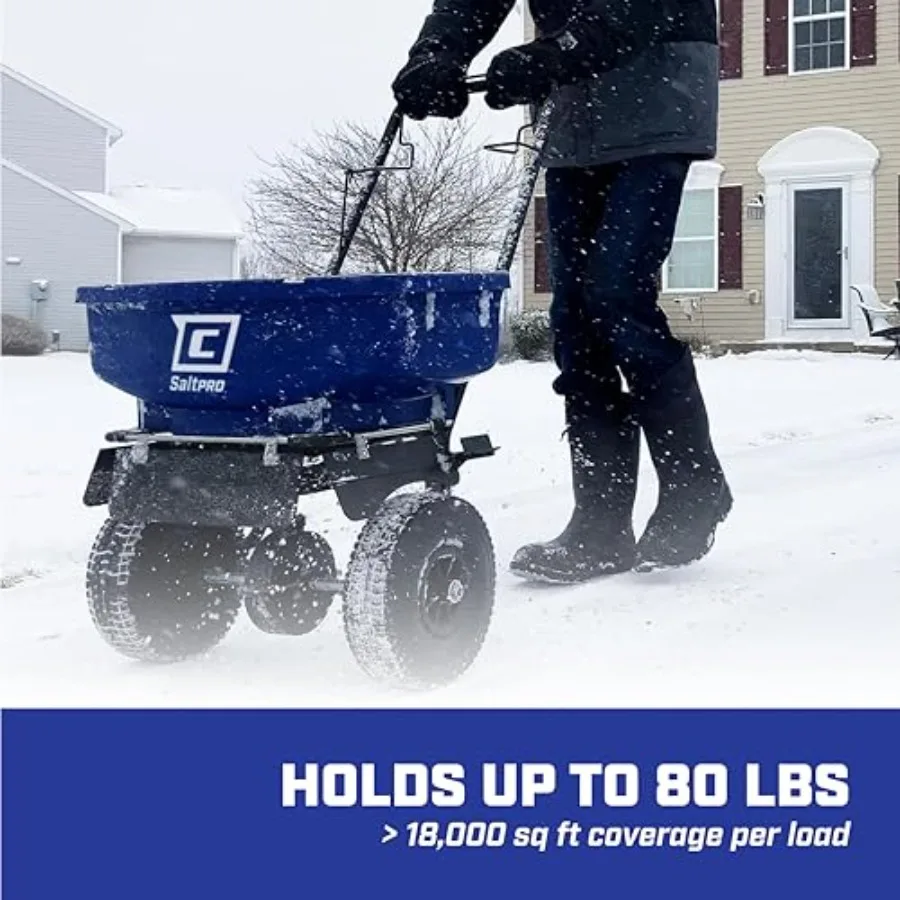 Walk Behind Salt Spreader for Ice Melt Application, Polyethylene Body, Black, Adjustable Baffles and Spiked Auger for Even Dist