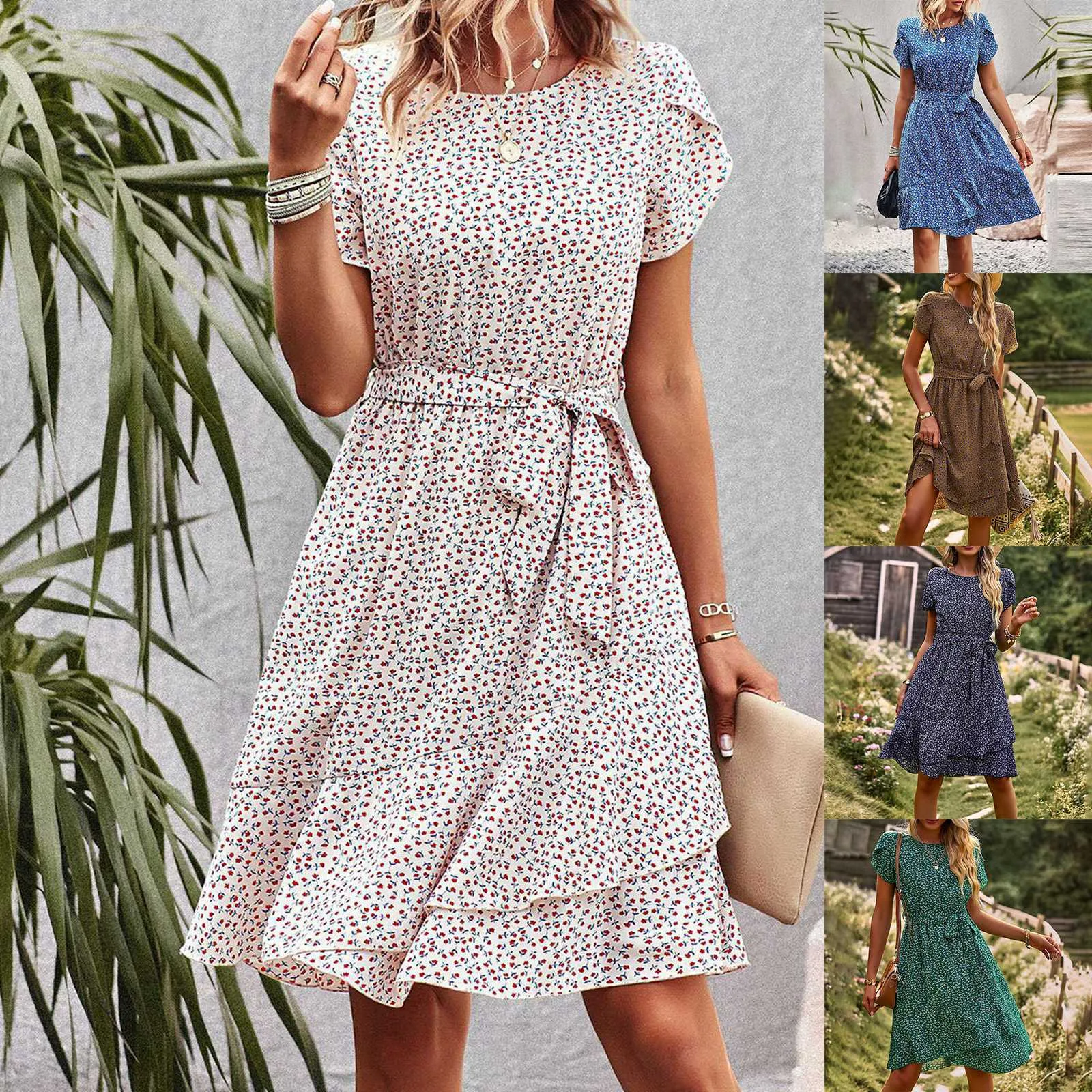 Women's Boho Dresses Casual Floral Print Ruched Short Sleeve Ruffle Hem A Line Swing Cami Dress Flowy Midi Party Dress With Belt