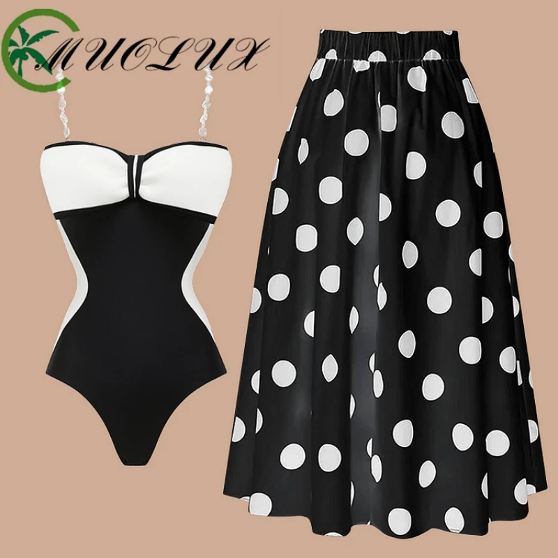 

MUOLUX 2024 New Women's One Piece Swimming Suit Black White Dot Round Skirt Printed Fashion Hot Spring swimwear Two Piece Set