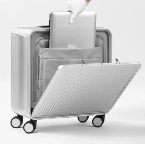 Customized 18inch Magnesium Aluminum Luggage Carry-ons Travel Trolley Suitcase with Front Opening Laptop Pocket