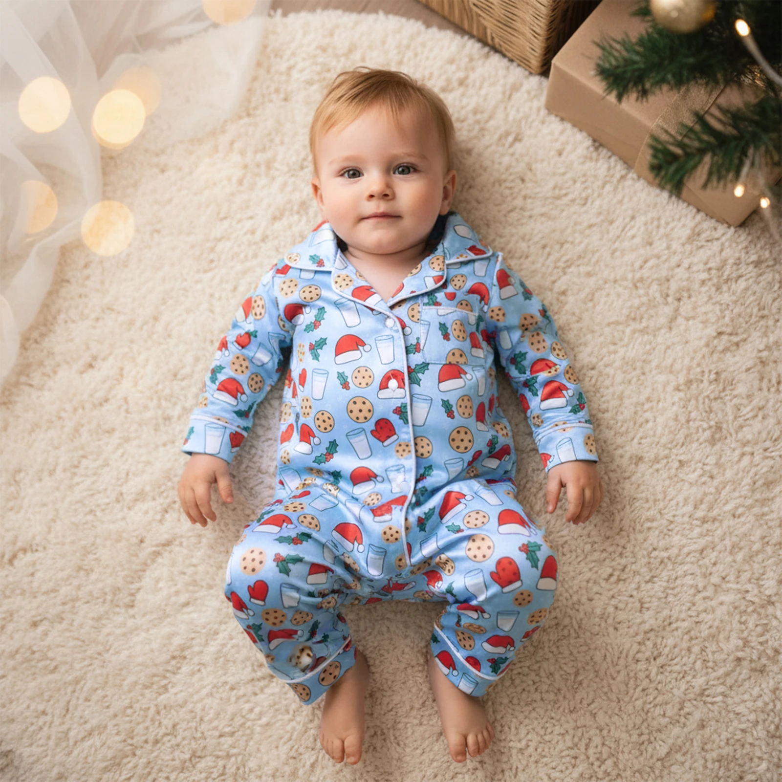 Infant Baby Cute Footless Pajamas Lovely Christmas Hat Printed Lapel V-Neck Long Sleeve Jumpsuit Sleepwear