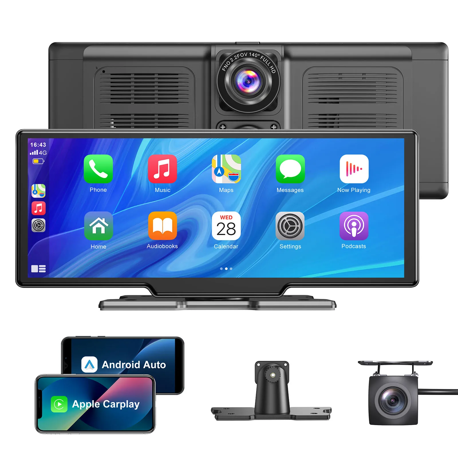 

ESSGOO 10.26" 4K HD Dash Cam IPS Touchscreen Car Stereo Rearview Wireless Carplay Android Auto Dual Len Recorder W /64G TF Card