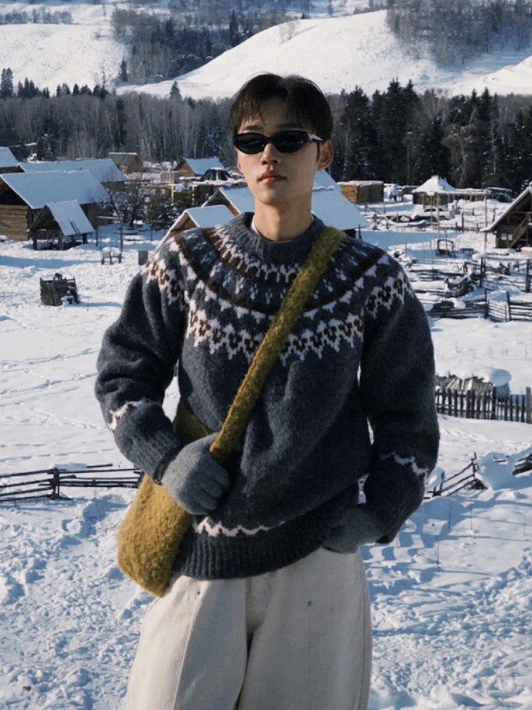 

Мужской свитер с круглым вырезом в стиле Fair Isle, осенне-зимний, американский ретро-стиль, высококачественный, для пар, вязаный.