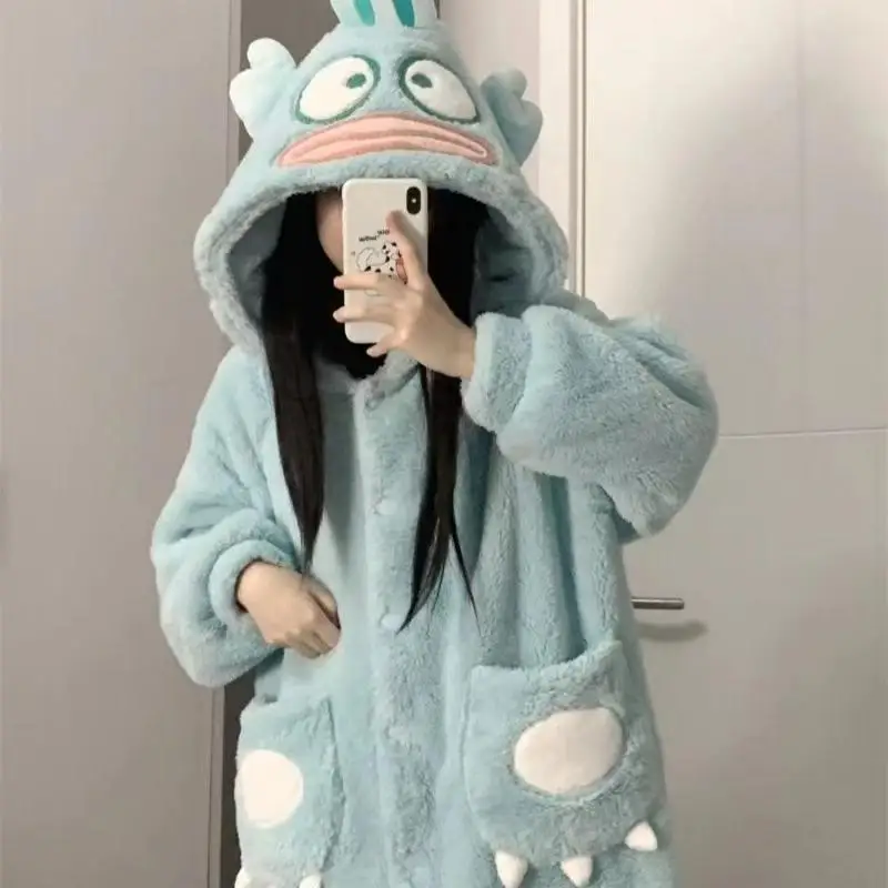 Sanrio Anime Hangyodon Nightgown Kawaii Lounge Clothes Girl Thickened Long Style Bathrobe Leisure Pajamas Keep Warm Gift