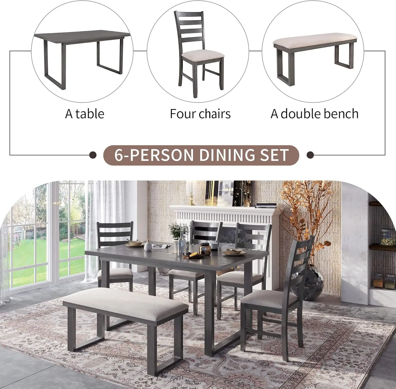 6 Piece Dining Table Set, Kitchen Table Set With Rectangular Table And 4 High Back Upholstered Dining Chairs And Tufted Bench,