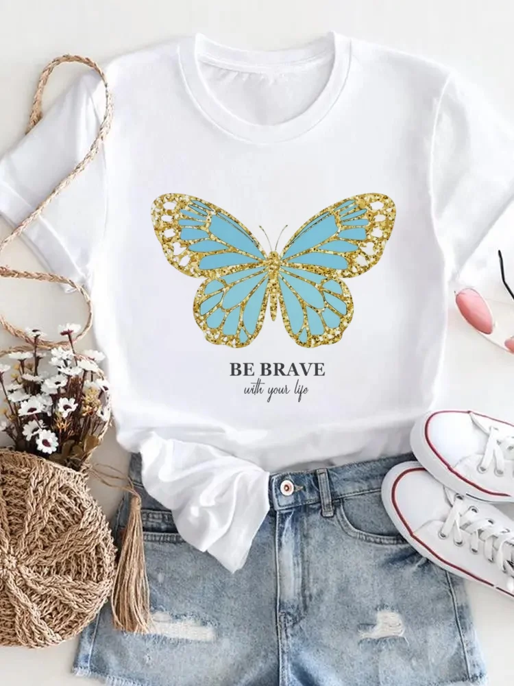 Be Brave Printed Butterfly Pattern Fashion T-Shirt Printed White Top Casual Round Neck Women's Short Sleeve Summer Trendy T-Shir