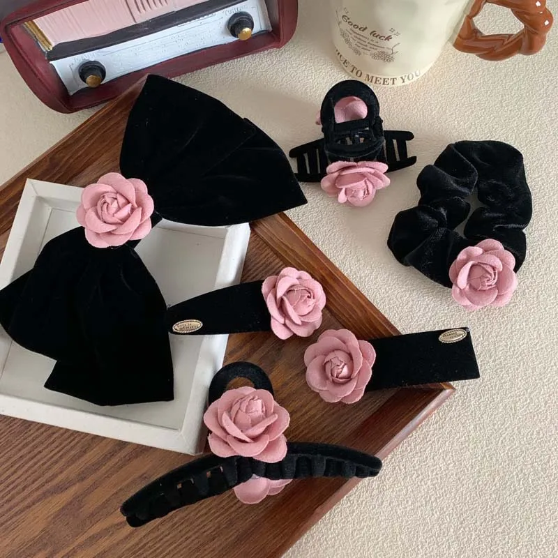 Korean Pink Velvet Camellia Hair Claw Hairpin for Women Vintage Elegant Flower Shape Shark Clip Headwear Hair Accessories