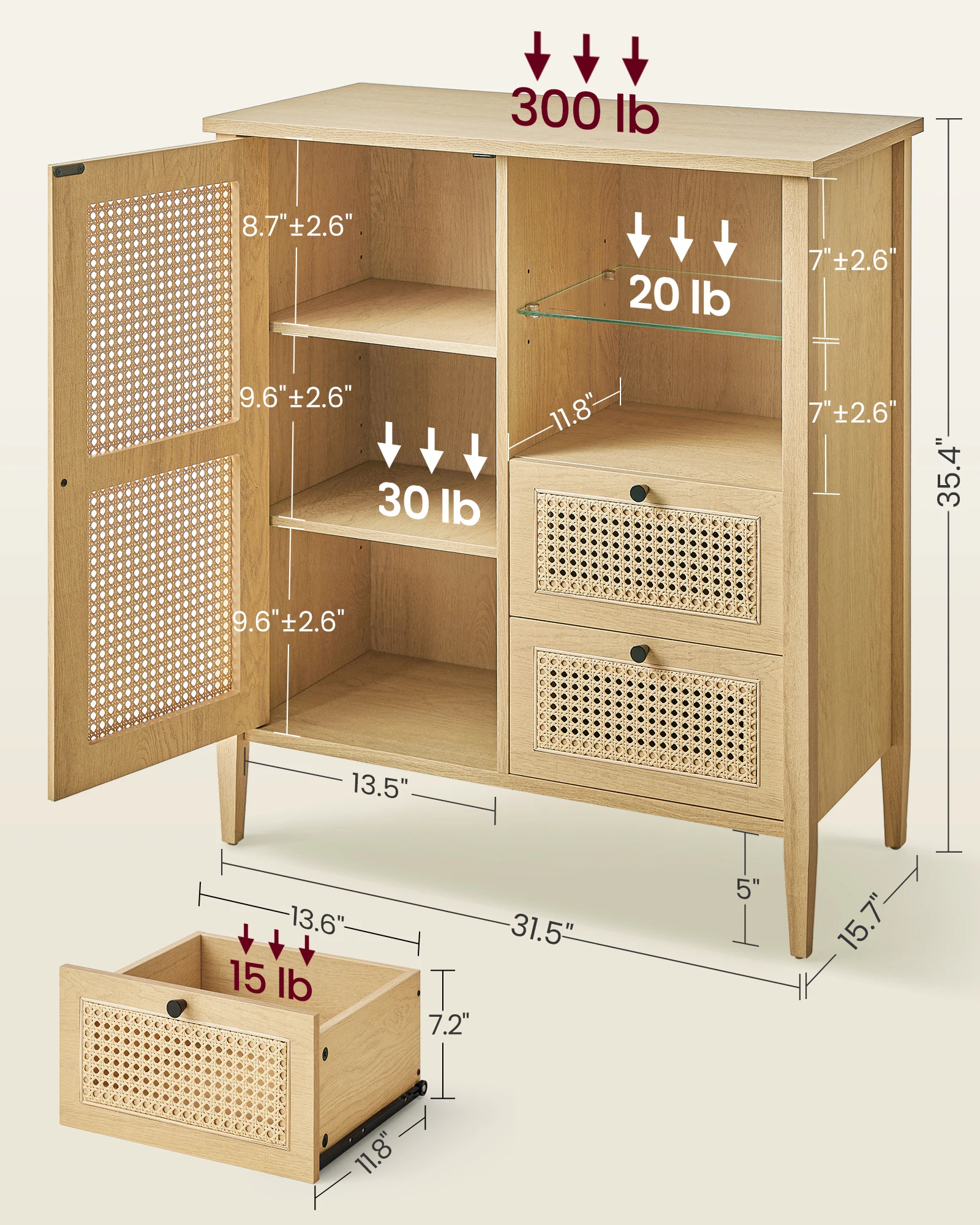 2 Drawers Sideboard Buffet Cabine Mid Century Freestanding Bathroom Cabinet Modern Boho Storage Cabinet