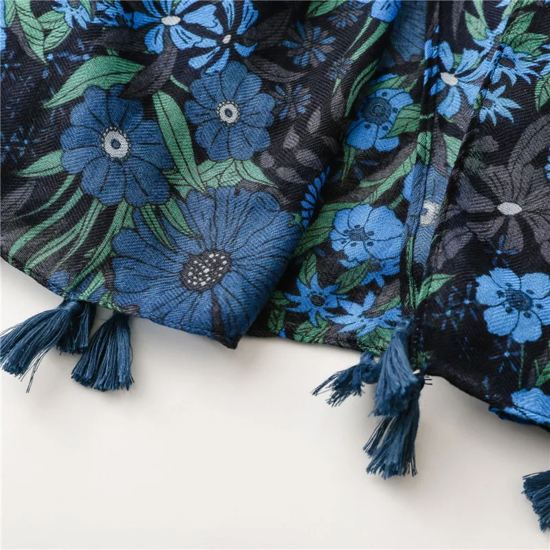 Aztec Abstract Navy Blue Floral Tassel Viscose Shawl Scarf High Quality Print Soft Foulards Bufandas Muslim Hijab Sjaal 180*90Cm