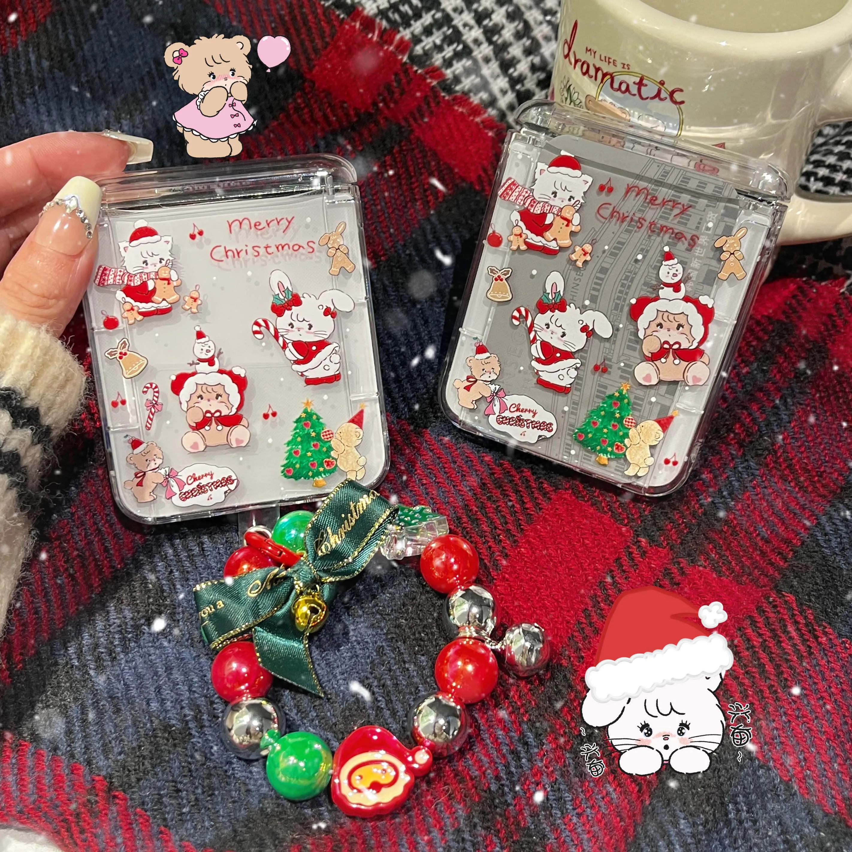 Merry Christmas cool cute cat pc hard bracelet cartoon happy phone case for samsung galaxy z flip 3 4 5 5G flip4 flip5 flip3 box