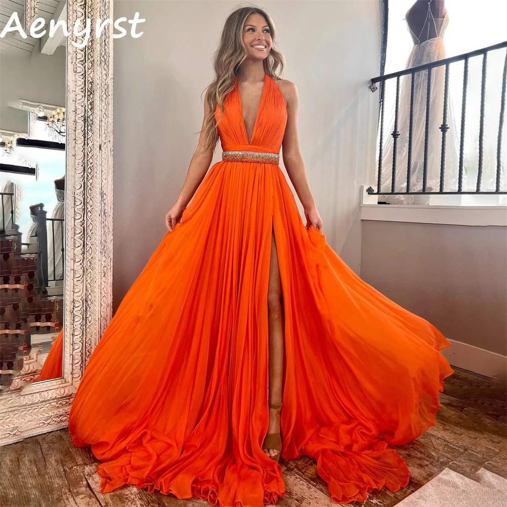 Aenyrst-vestidos de noche con cuello en V para mujer, traje plisado de gasa con abertura lateral, longitud hasta el suelo, fiesta de cumpleaños, 2024