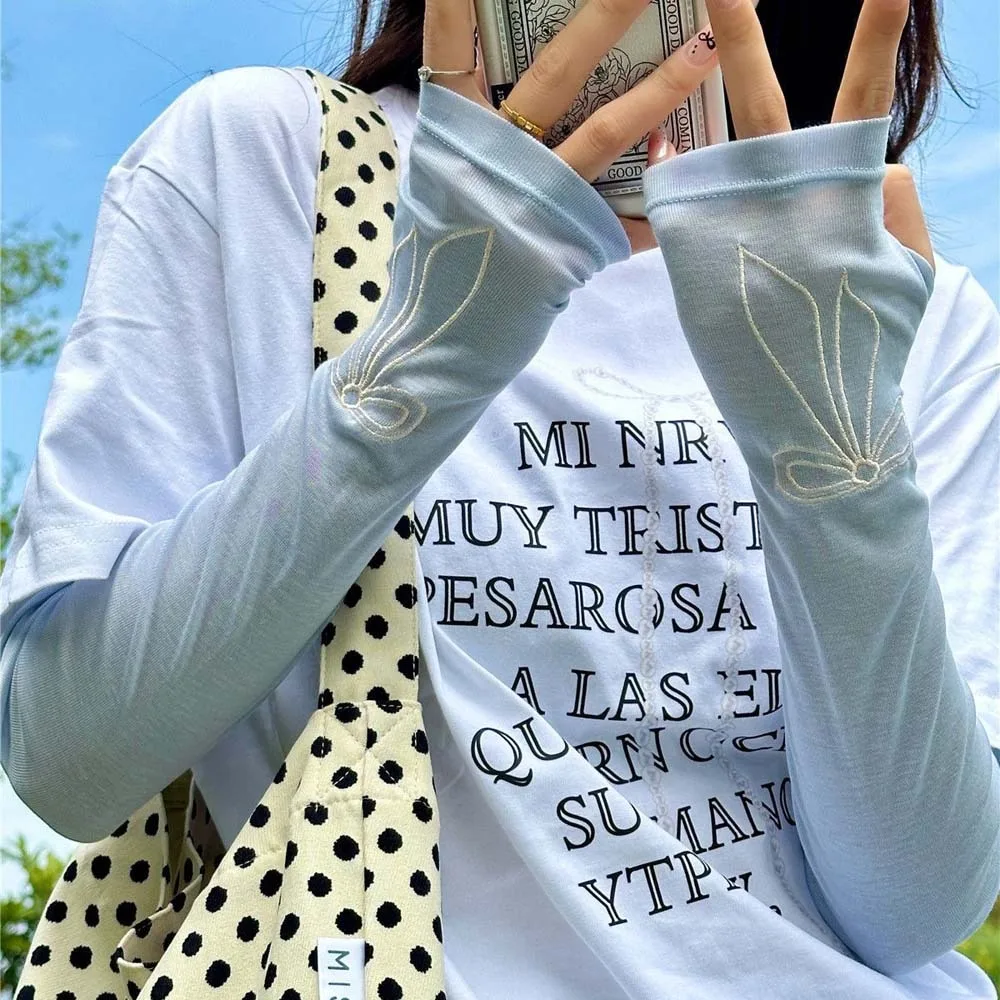 

Sweet Bow Ice Sleeves Korean Style Anti-UV Breathable Long Arm Sleeves Embroidered Thin Arm Sunscreen Covers Summer