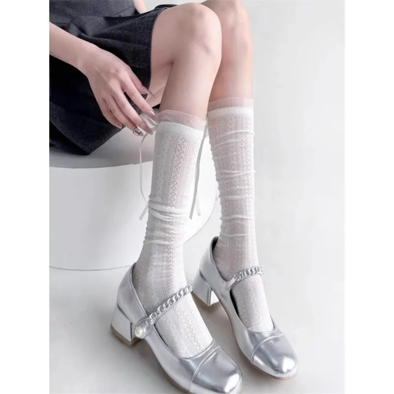 Japanese bow streamer white calf socks sweet ballet stacking socks hollow lace tube socks