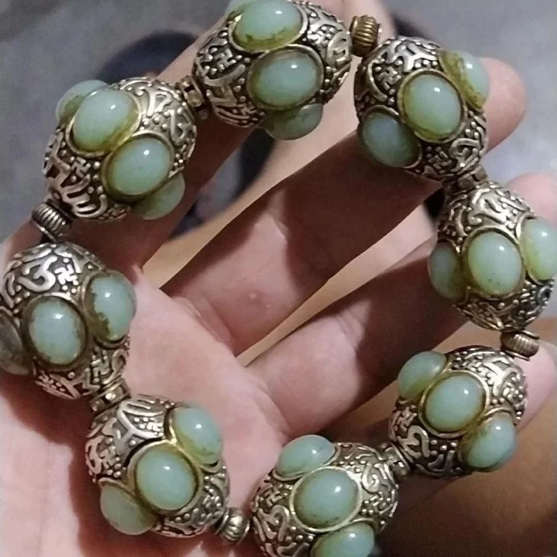 tibetano prata envolvido pulseira de jade transparente oleosa joias antigas completo 01