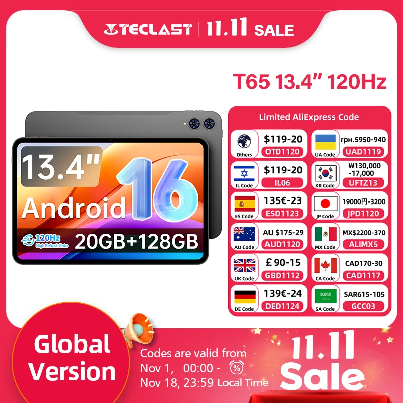 Teclast T65, 13.4인치 120Hz TDDI, 최대 20GB RAM, 128GB ROM, Unisoc T7280, 안드로이드 16 태블릿 PC, 1920X1200, 8000mAh