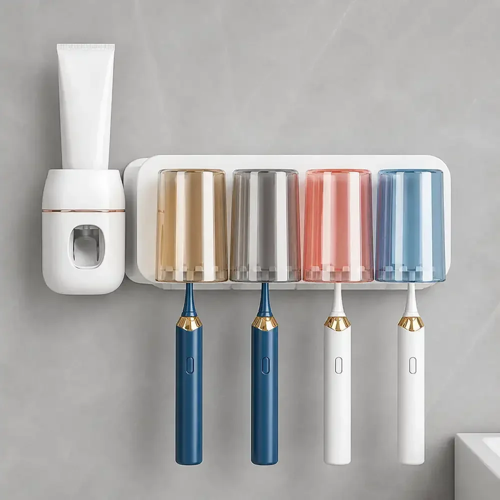 Toothbrush Organizer Four Cups Toothpaste Dispenser Bathroom Wall Storage Holder Rack Family Rinse Home Accessories Organization
