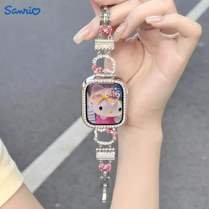 With Drill Hello Kitty 38/40/41mm Watch Strap Cartoon Girl'S Heart Suitable Iwatch 42/44/45/49mm Watch Case Girls Gift