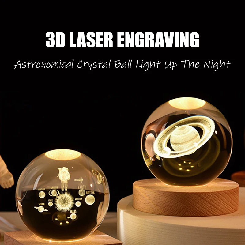 3D Milky Way Galaxy Crystal Ball Lamp 6CM Crystal Ball Night Light with Wooden Base Home Decorative Valentines Day Gifts