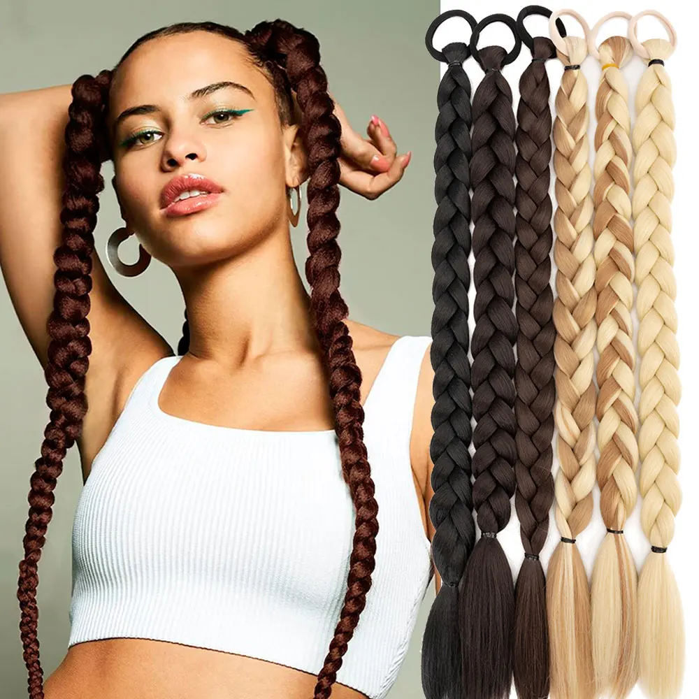 

Snoilite Synthetic 24inch Long Braided Ponytail Hair Extensions Fake Boxing Braids Wrap Around Chignon Tail With Rubber Band