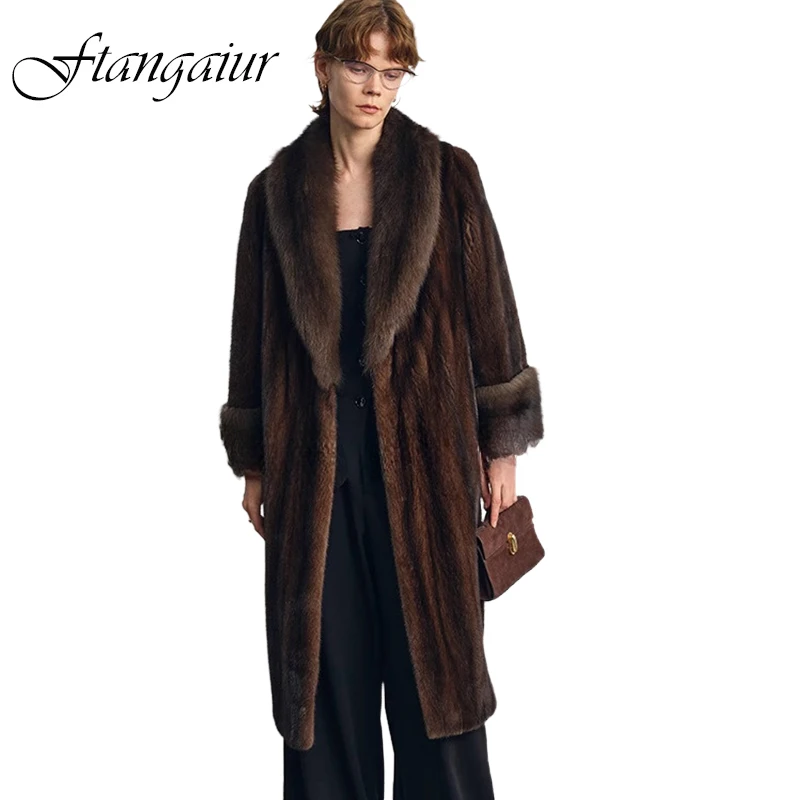 Ftangaiur Winter Import Velvet Mink Fur Coat Pure Color Turn-Down Collar Mink Coat Women New X-Long Natural Real Mink Fur Coats