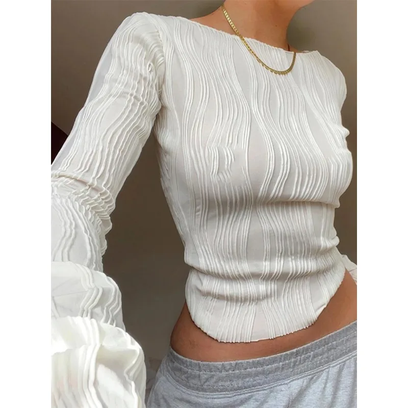 

Woman Fashion Casual Ruched Long Sleeve T-shirt Blouses Female White Skinny Cropped Bottoming Shirt 2024 Autumn Y2K Top Clothes