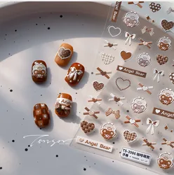 Cartoon Ribbon Bowknot 5D Nail Art Stickers Tie Knot Angel Bear Heart Lovely Embossed Reliefs Self Adhesive Cute Manicure Decals