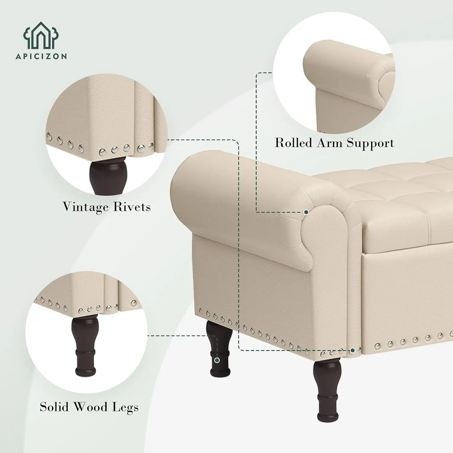 Faux Leather Storage Bench with Rolled Arm & Rivets, End of Bed Ottoman for Bedroom Living Room, 60 Inch, Customized