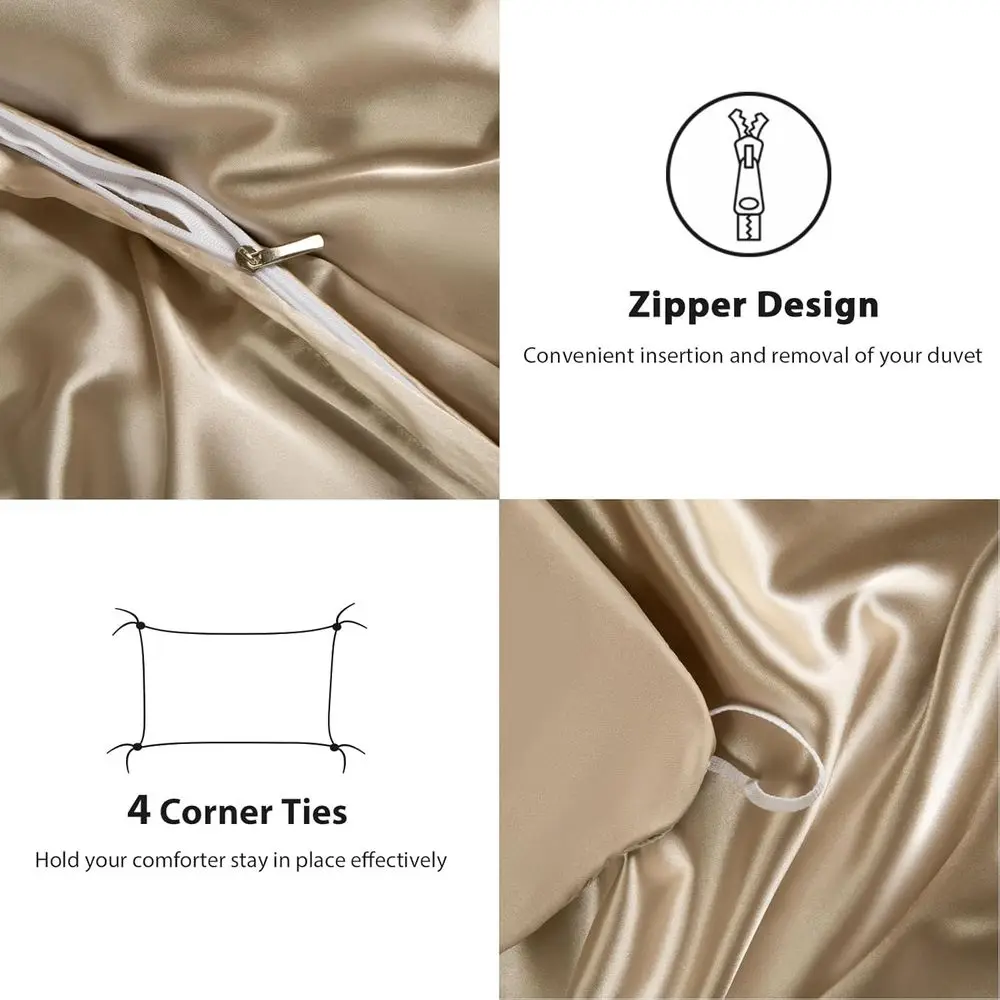 킹 사이즈 샴페인 골드 새틴 이불 커버 세트, 지퍼 클로저가 있는 3피스 럭셔리 소프트 침구