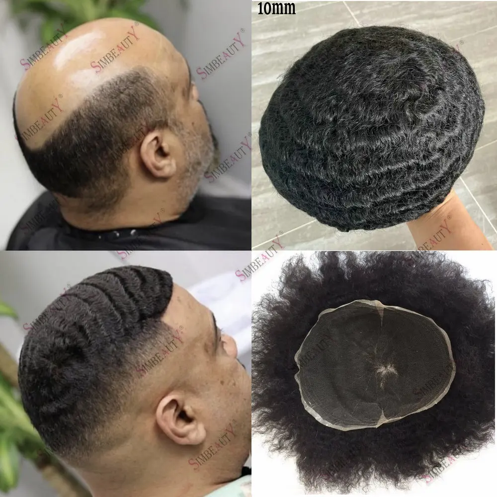 

10mm 360 Wave Afro Men's Human Hair Toupee Curly Hair Breathable Bleach Knots Full Lace Base Men's Capillary Prosthesis System