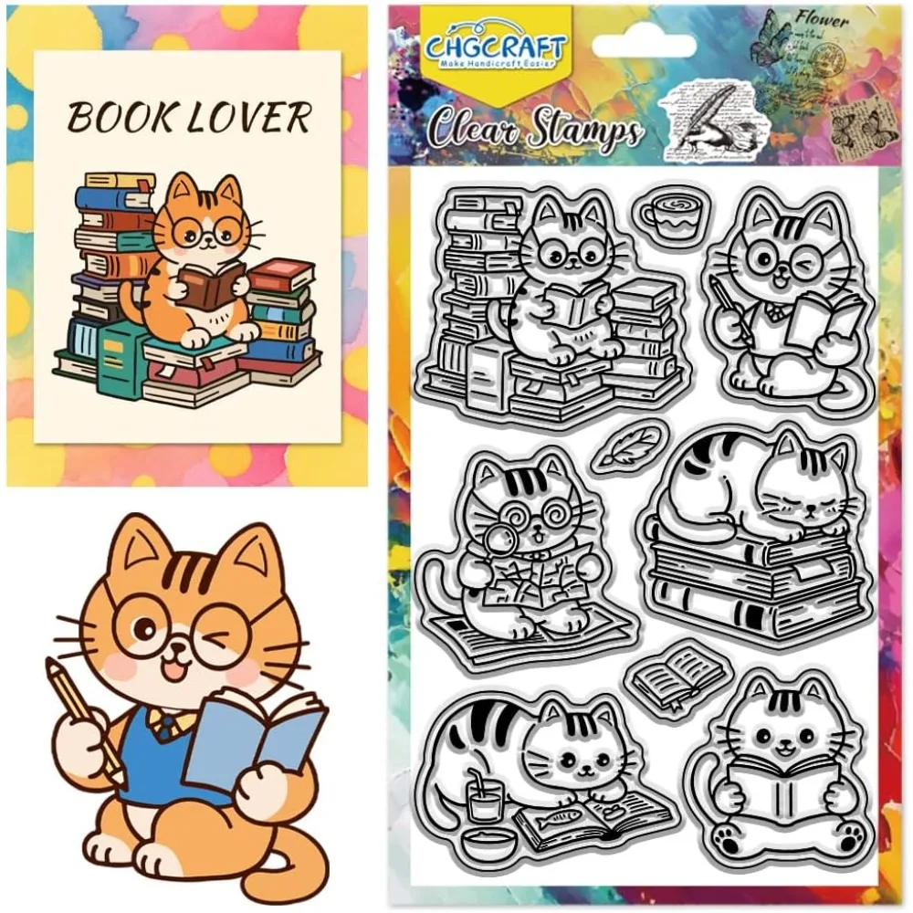 Books and Cats Clear Stamps Study Transparent Stamps Newspapers Clear Stamp Seals for DIY Scrapbooking Photo Album