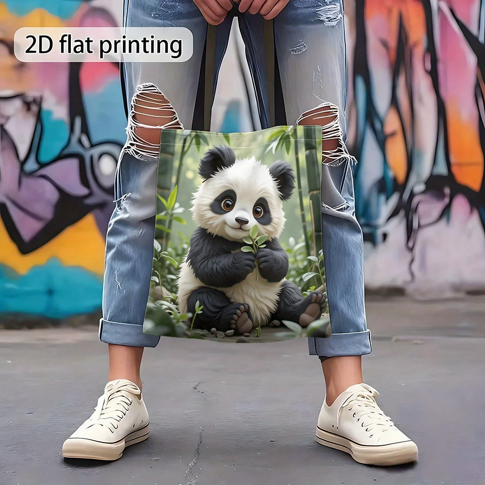 Christmas Gift 2D Cute Panda, Bamboo Forest Print Handbag Reusable Shopping Bag, Women'S Shoulder Bag And Tote Bag