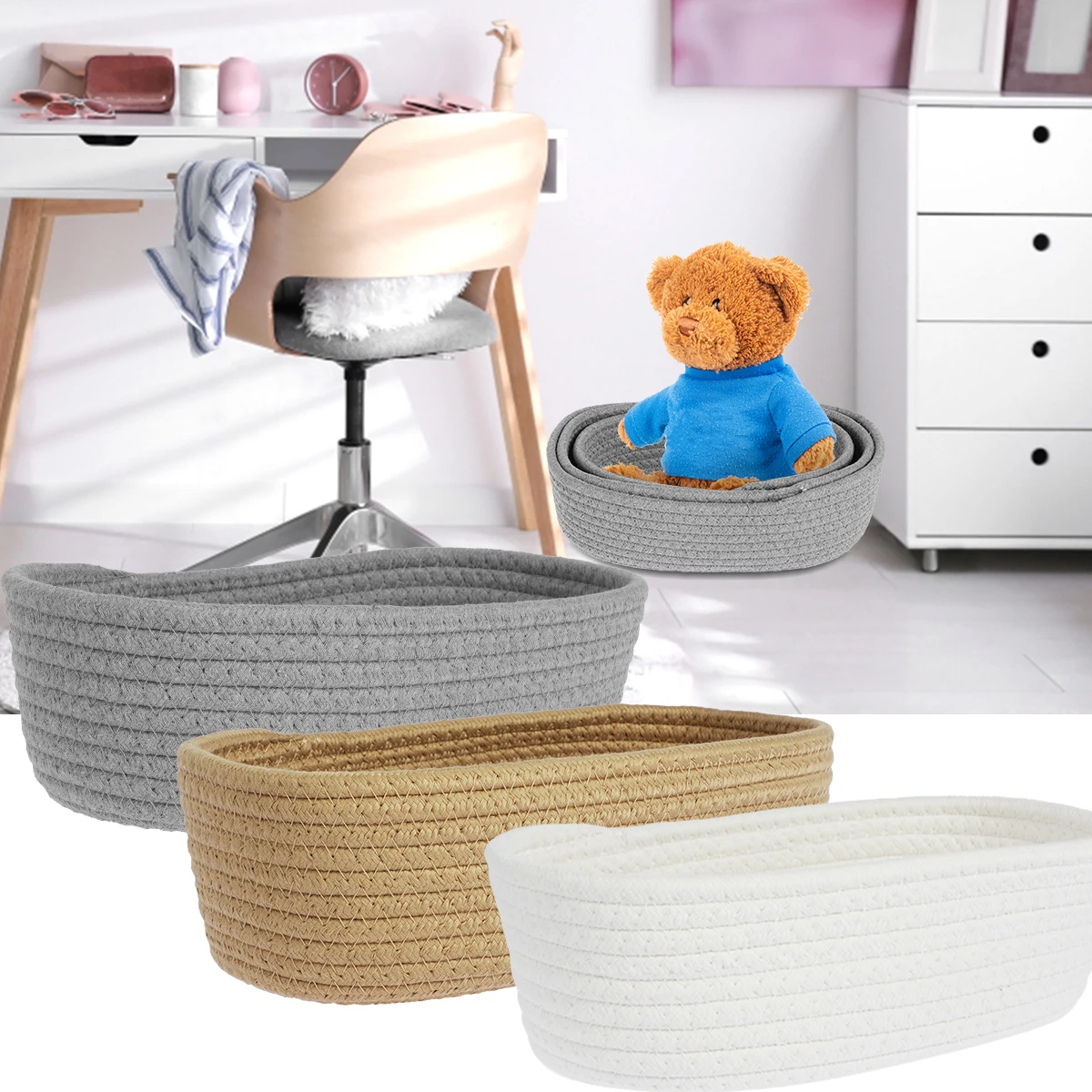 3Pcs Woven Storage Basket 3 Sizes Toy Storage Bins Set Handmade Cotton Rope Basket Multipurpose Woven Baskets Portable Cosmetic