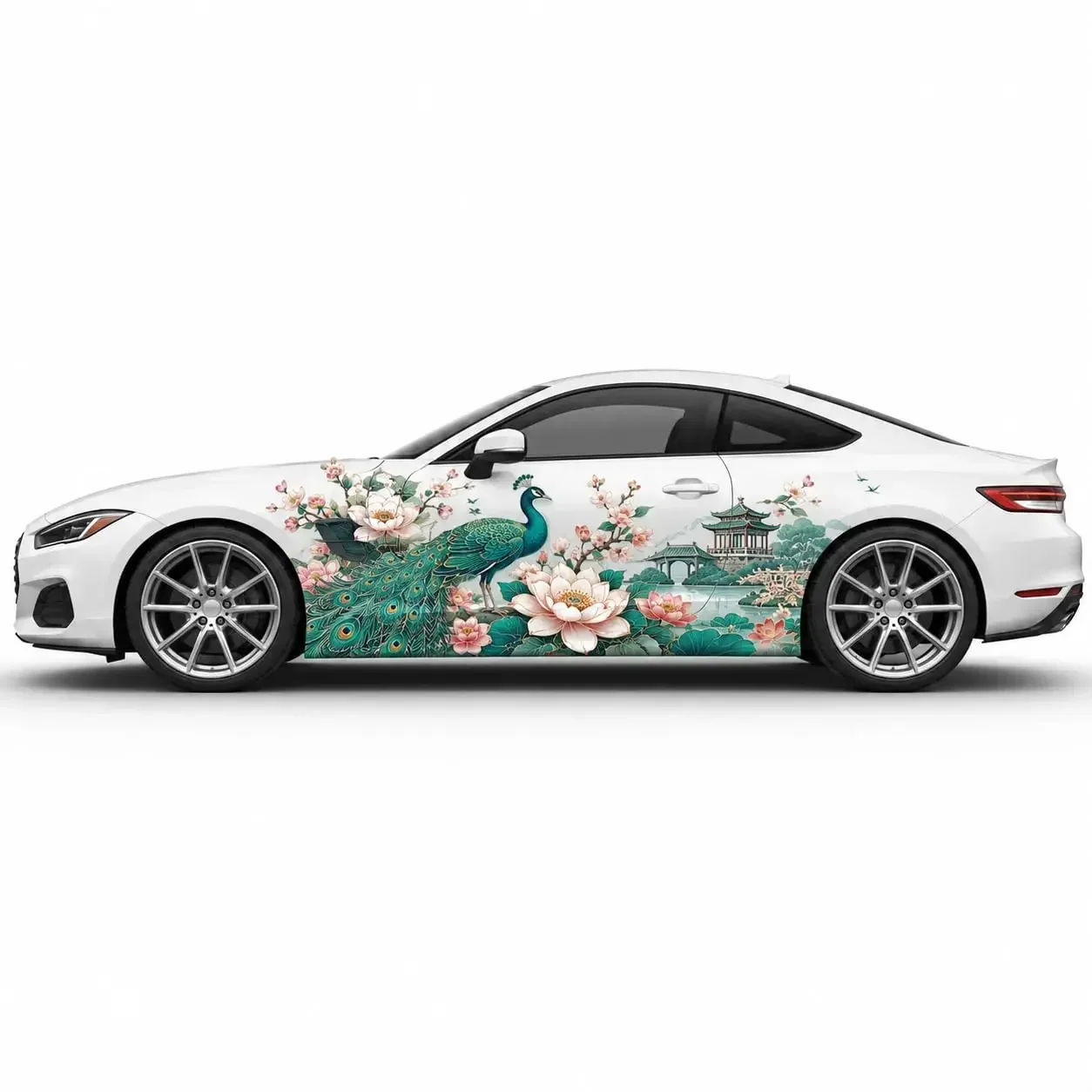 2PCS Peacock Lotus Oriental Garden Car Side Decals, Waterproof UV Resistant Vinyl Stickers for Cars Trucks SUV,