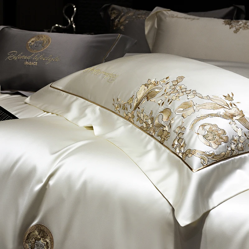 Gorgeous Gold Embroidery Brocade Egyptian Cotton Soft Glossy Bedding Set Duvet Cover Set Bed Sheet/Fitted Sheet Pillowcases 4Pcs