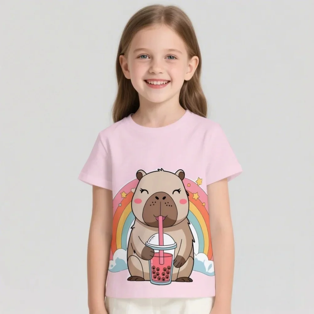 Capybara Girl T-Shirts Casual T-Shirts for Children Tops Tees Fashion Short Sleeve Girl Clothing Crew Neck Female Child Clothes