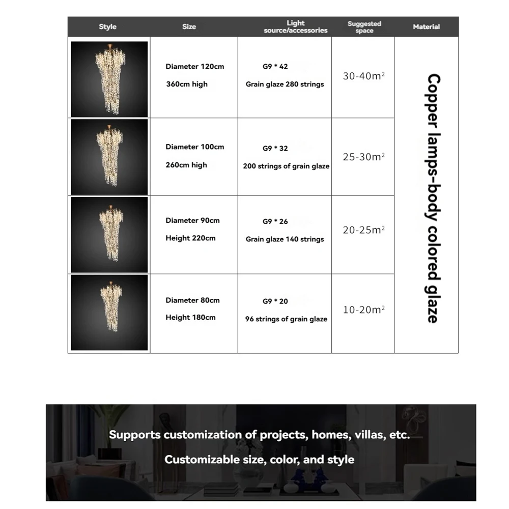 Candelabros de cristal grandes de lujo, diseño de escalera de rama de cobre, techo alto, sala de estar, vestíbulo, entrada, accesorio de iluminación colgante