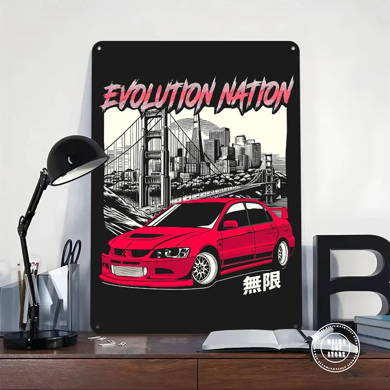 Evolution Nation - Red Car Tin Poster Customized Retro Wall Art Vintage Metal Signs for Garage Home Decor Accessories Wand Deko