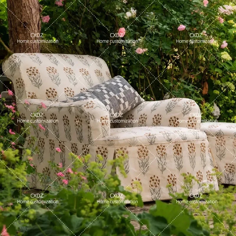 Solid Wood Leisure Chair with Footstool Simple Fabric Single Sofa for Small Apartment Living Room Printed Design Comfortable