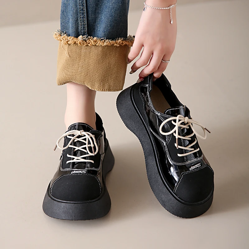 

2025 Women's Shoes Platform Oxfords Black Flats Female Footwear Leather New DressSpring Lace-Up Shoes Woman Женская Обувь