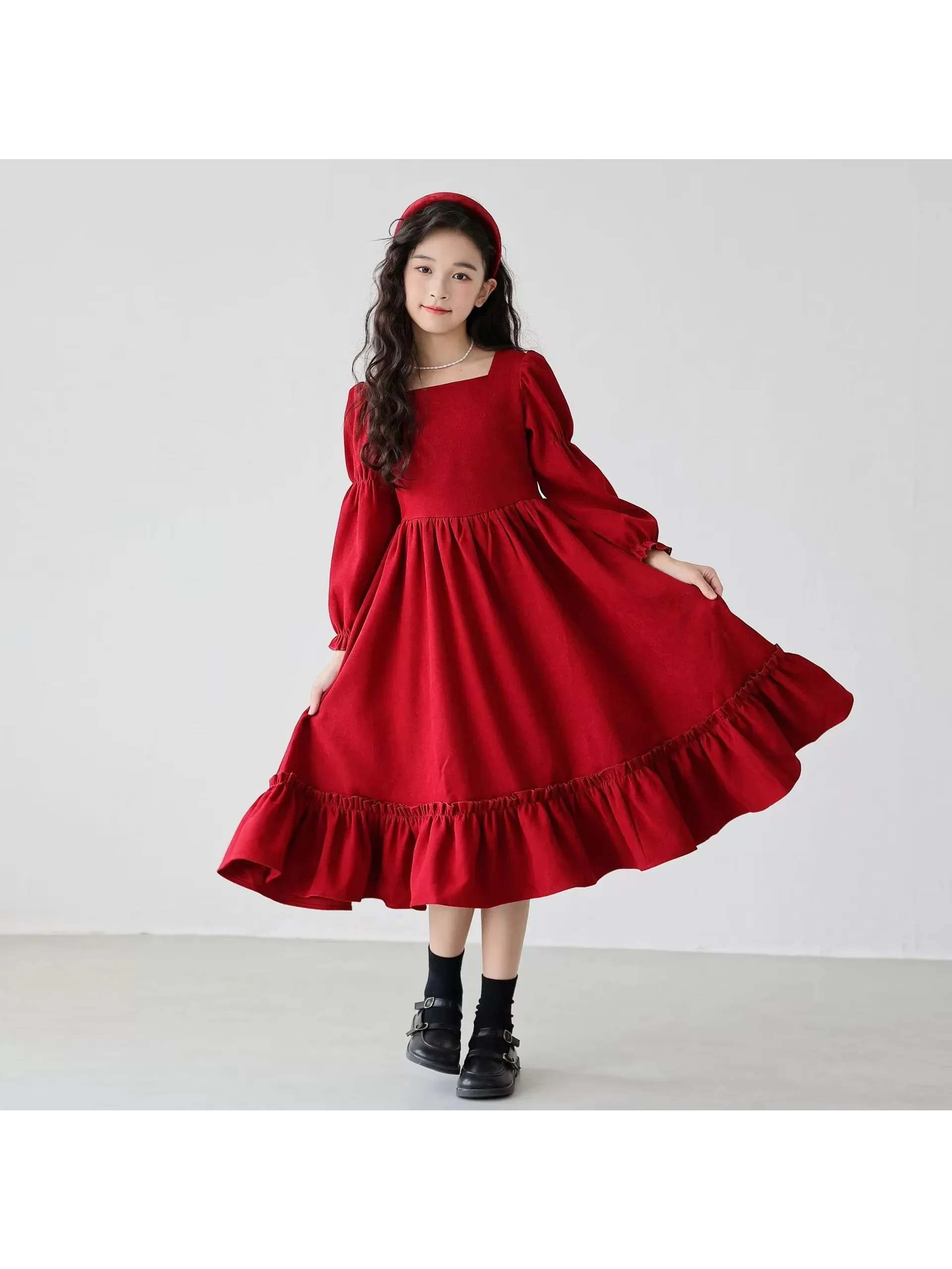 2026 Autumn Winter Europe Ruffle Kids Baby Girl Clothes Long Sleeve Princess Dress Teenager Retro Red 4 8 10 11 12 New Year