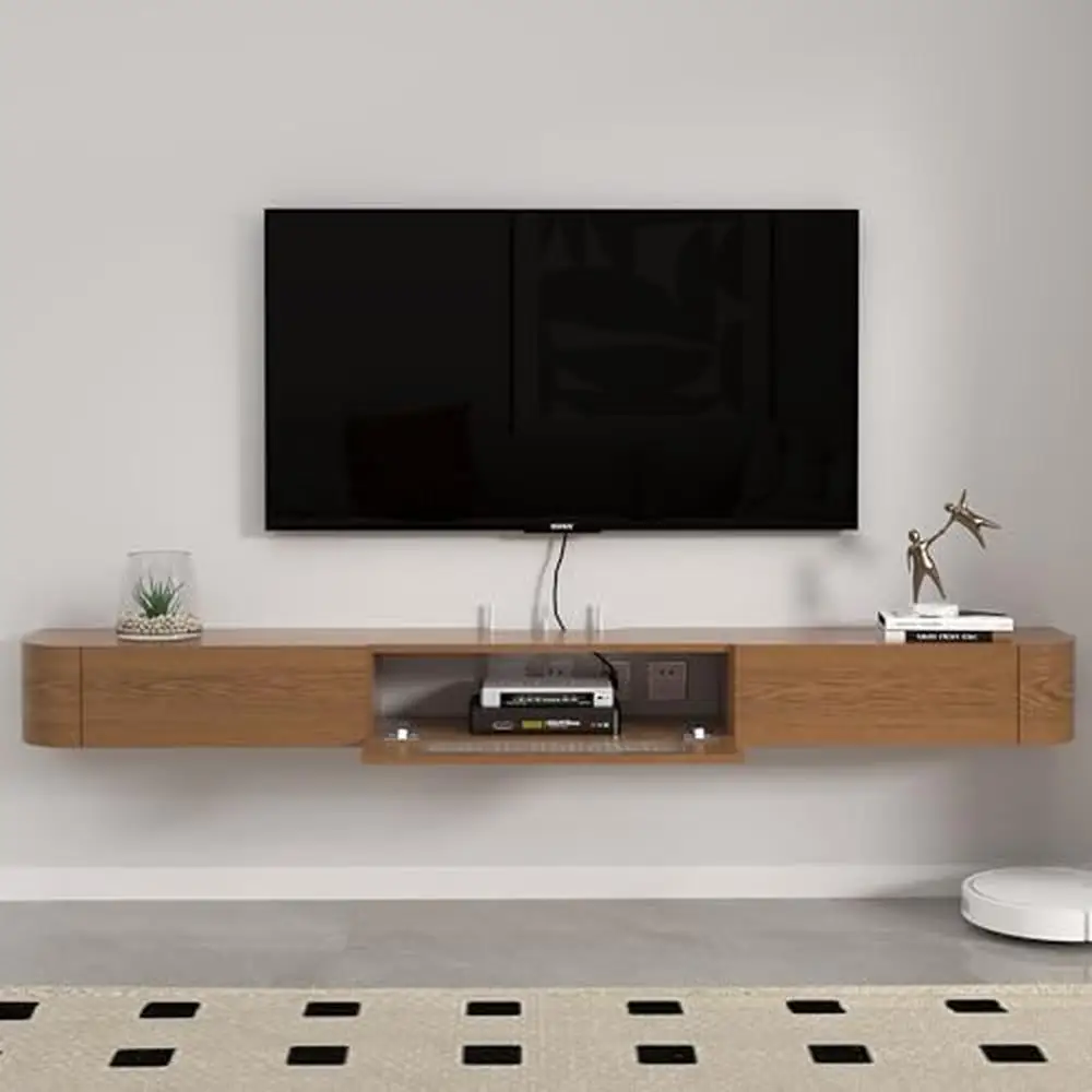 Solid Wood Mid-Century TV Stand with Glass Door & Drawers Floating Shelves Entertainment & Storage Elegant Design with Wire