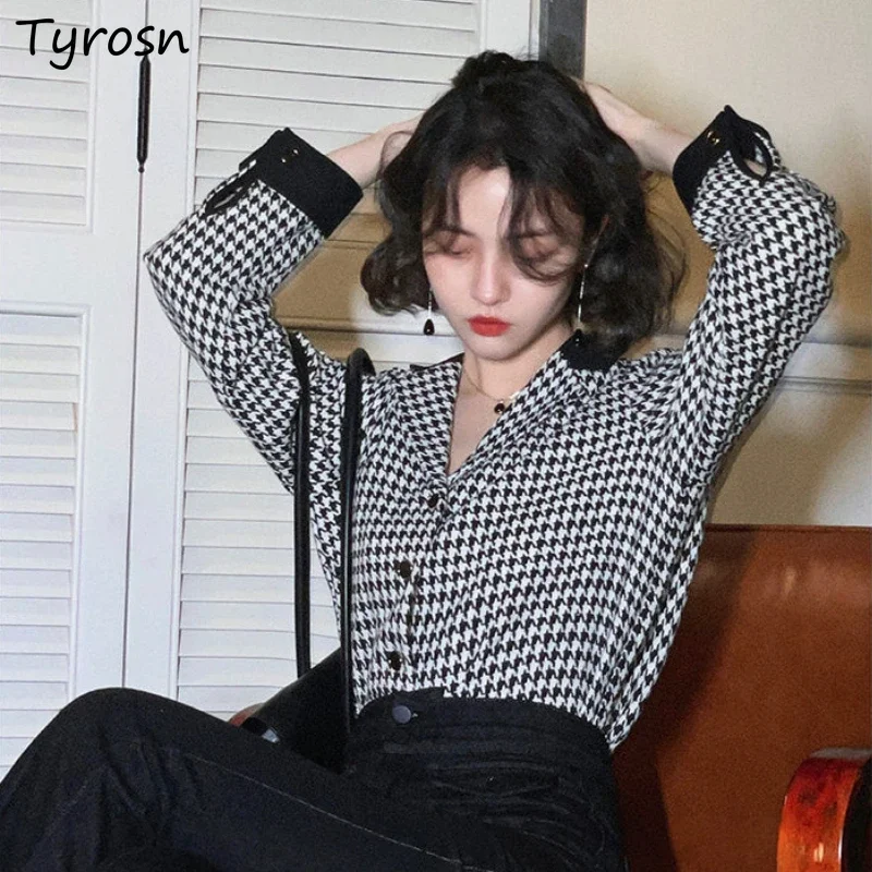 

Notched Collar Shirts Women Vintage High Street Slender Houndstooth Patchwork Fashion French Style Long Sleeve Spring Autumn New