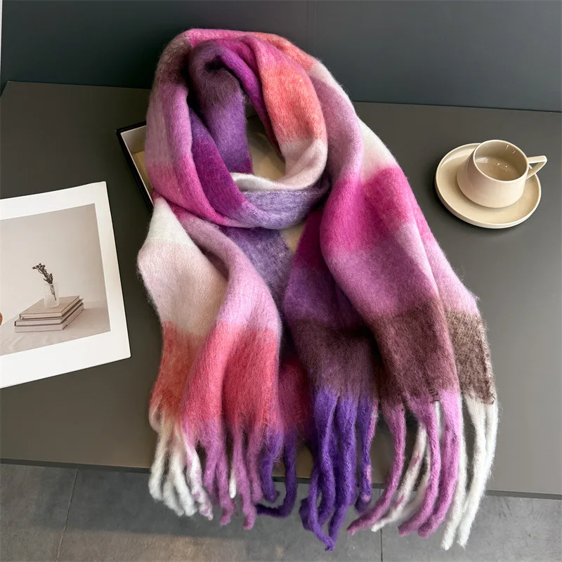 Warmer Dicker Winterschal für Damen, Mohair, Kariert, Weicher Quastenschal, Pashmina, Großer Halsdecken-Schal – Detail 25