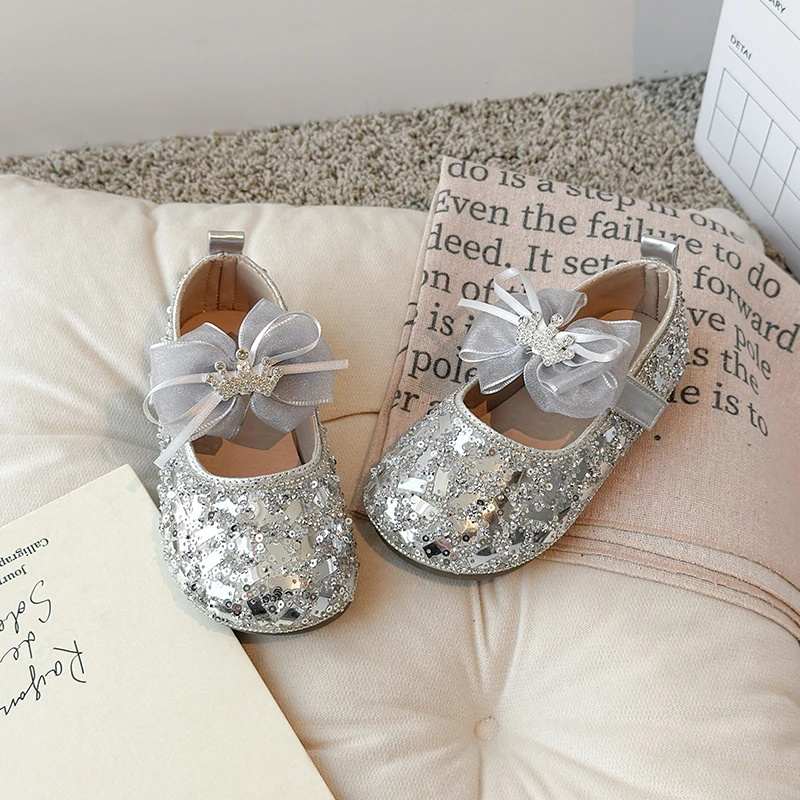 Spring Autumn Girls Princess Shoes Sequin Bow Elegant Kids Lolita Ballet Flat Shoes Wedding Party Dress Children Leather Shoes