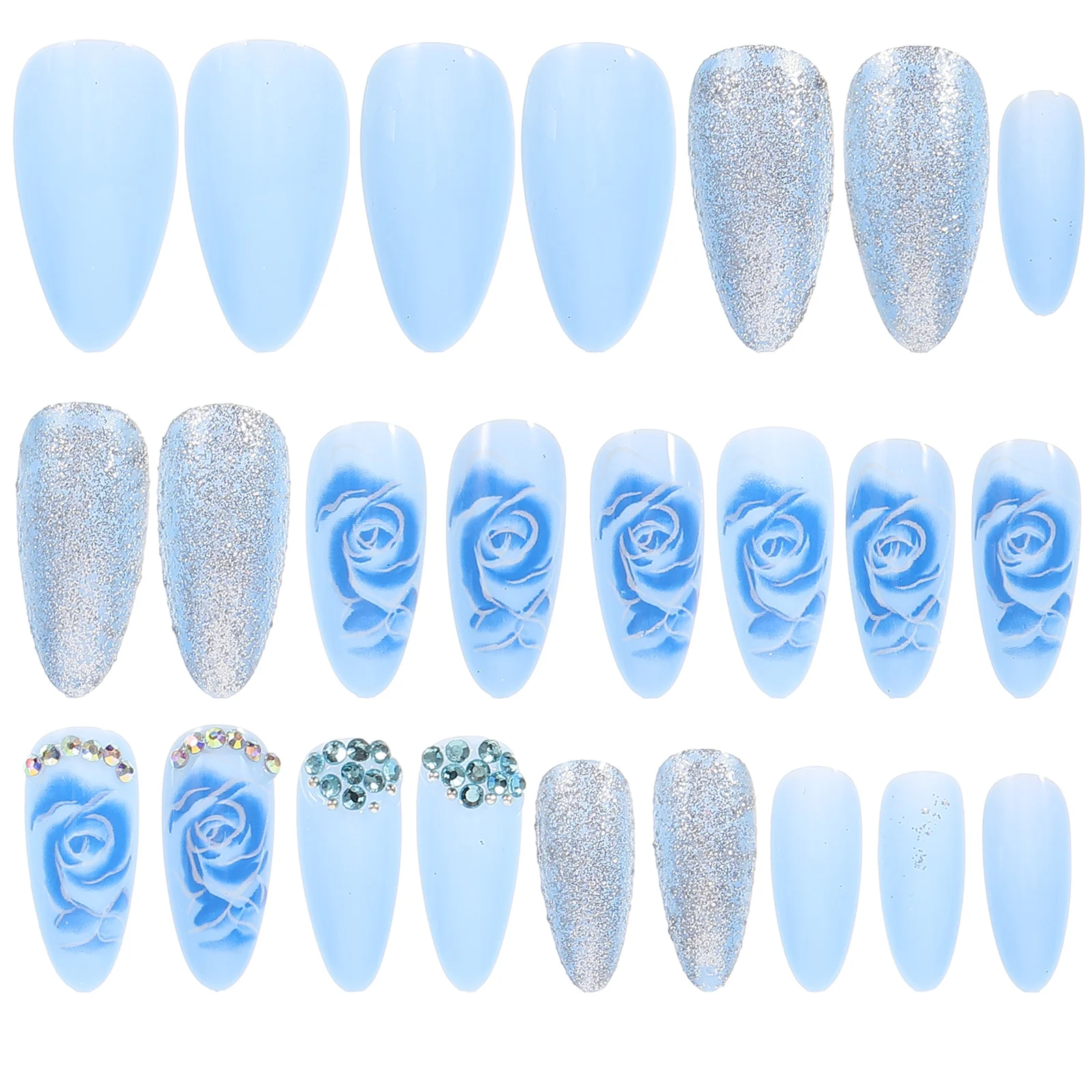 

Blue Rose Wearable Nail Stickers with Diamonds Fake Fingernails False Press Manicure Supplies Kit