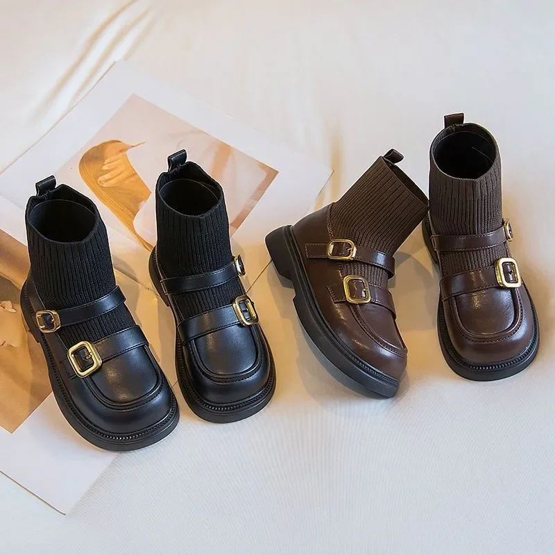 New Kids Sock Boots Girls Fashion Princess Leather Boots Student Non-Slip Mid-Calf Short Boots Children Trendy All-Match Shoes