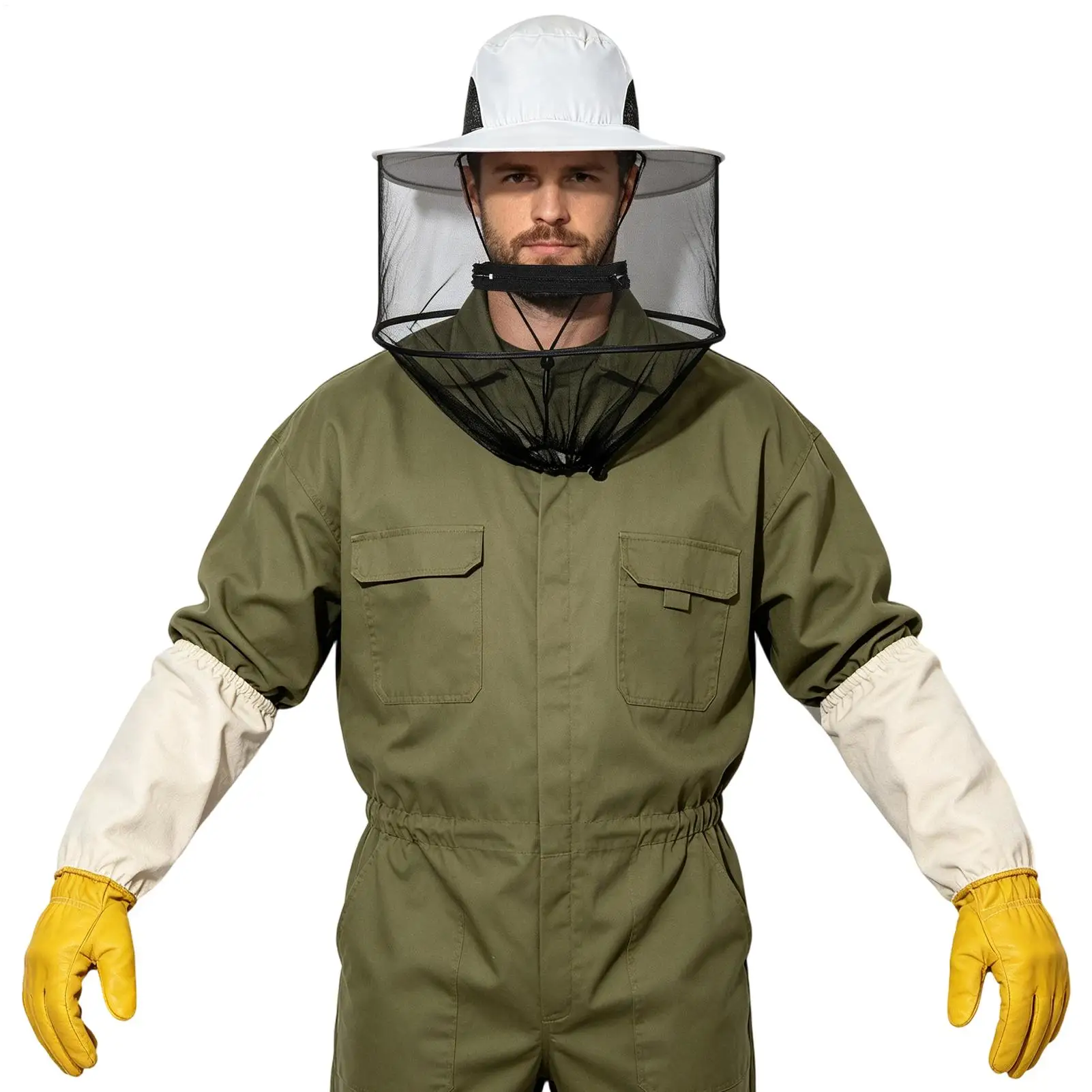 Beekeeping Protective Bee Hat  with Gloves Anti Bee White Hat-Veil Combo Repellent Bee Cap Bug Mesh Mask Bee-keeping Protection view 3
