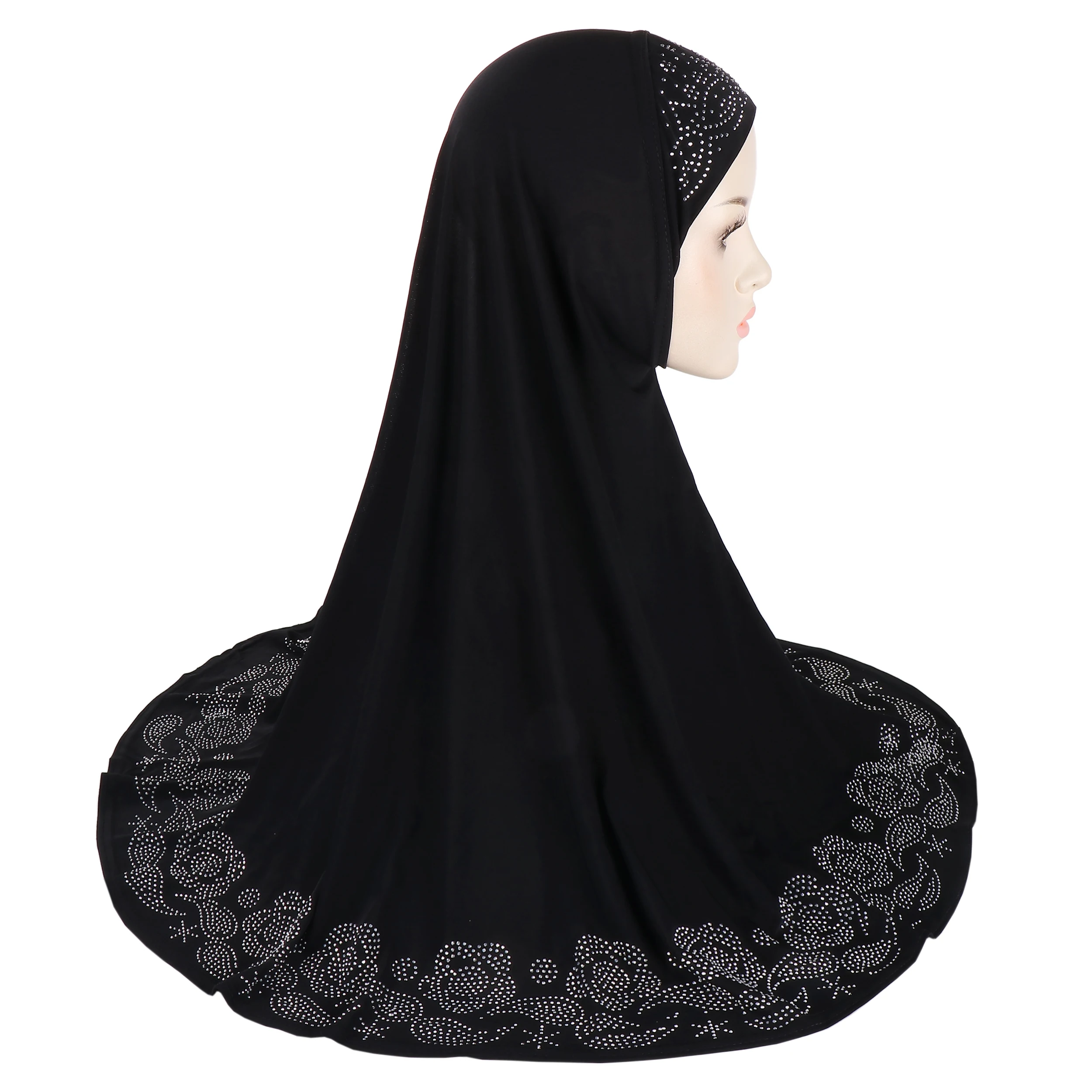 H407 Erwachsene große muslimische Hijab Schal mit Blumen Strass islamische Kopftuch Hüte Armia ziehen auf Headwrap Motorhaube – Detail 12