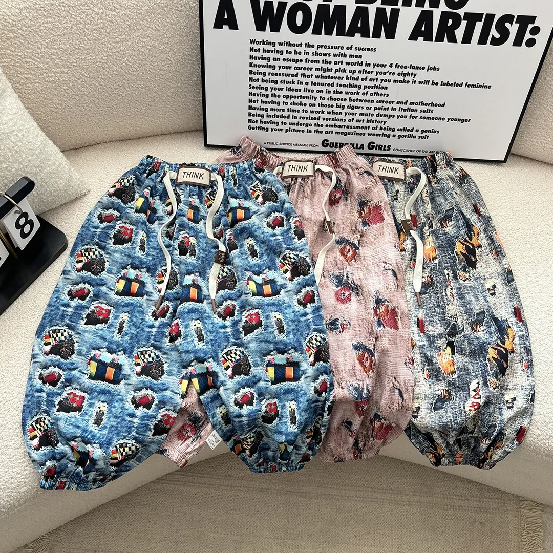 Summer Children Casual Outdoor Wear 1-14Y Kids Printed Mosquito Pants Girls Boys Breathable Cuffed Ankle Loose Trousers