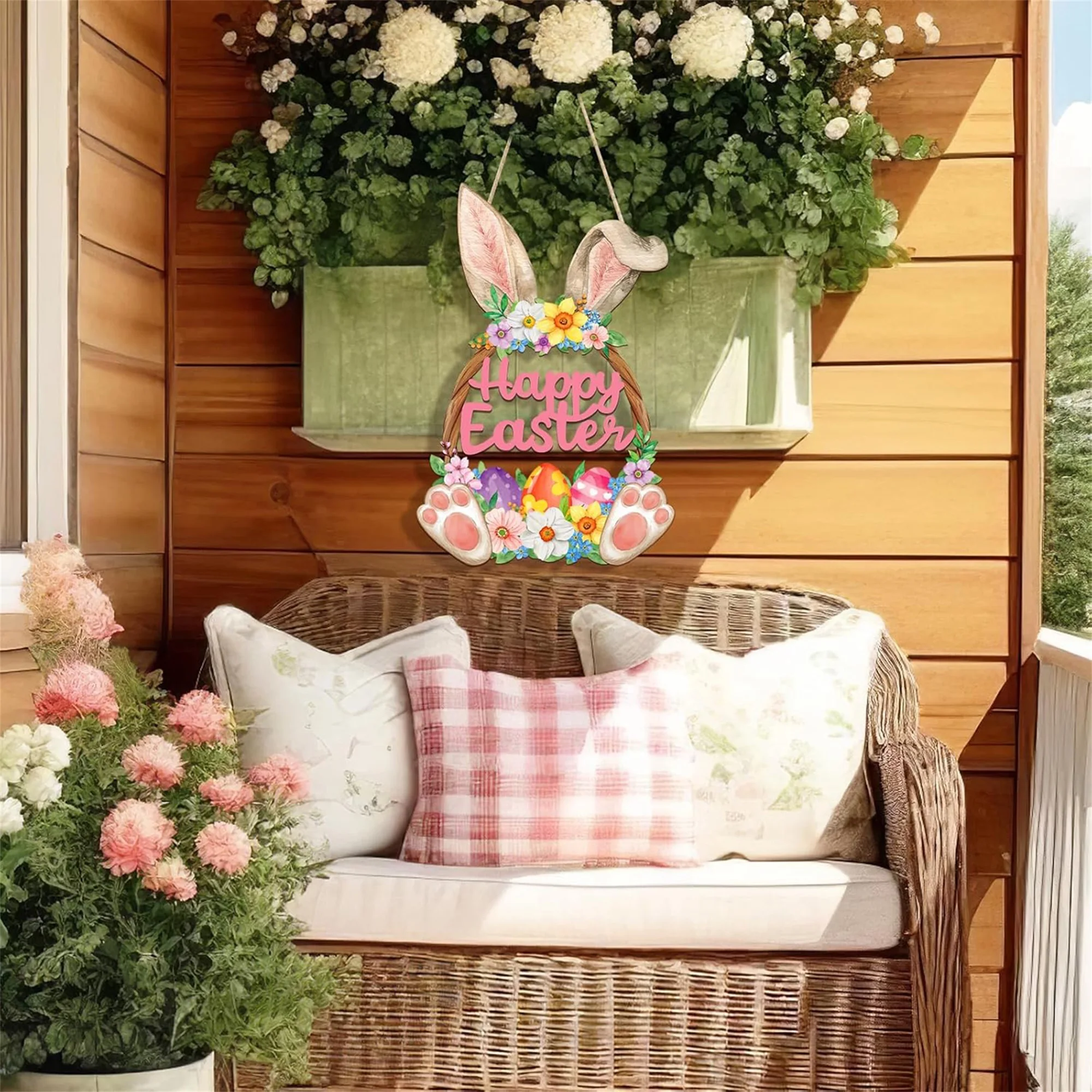 Easter Bunny Wooden Wreath Creative Spring Flower Egg Hanging Sign for Front Door Wall Mantle